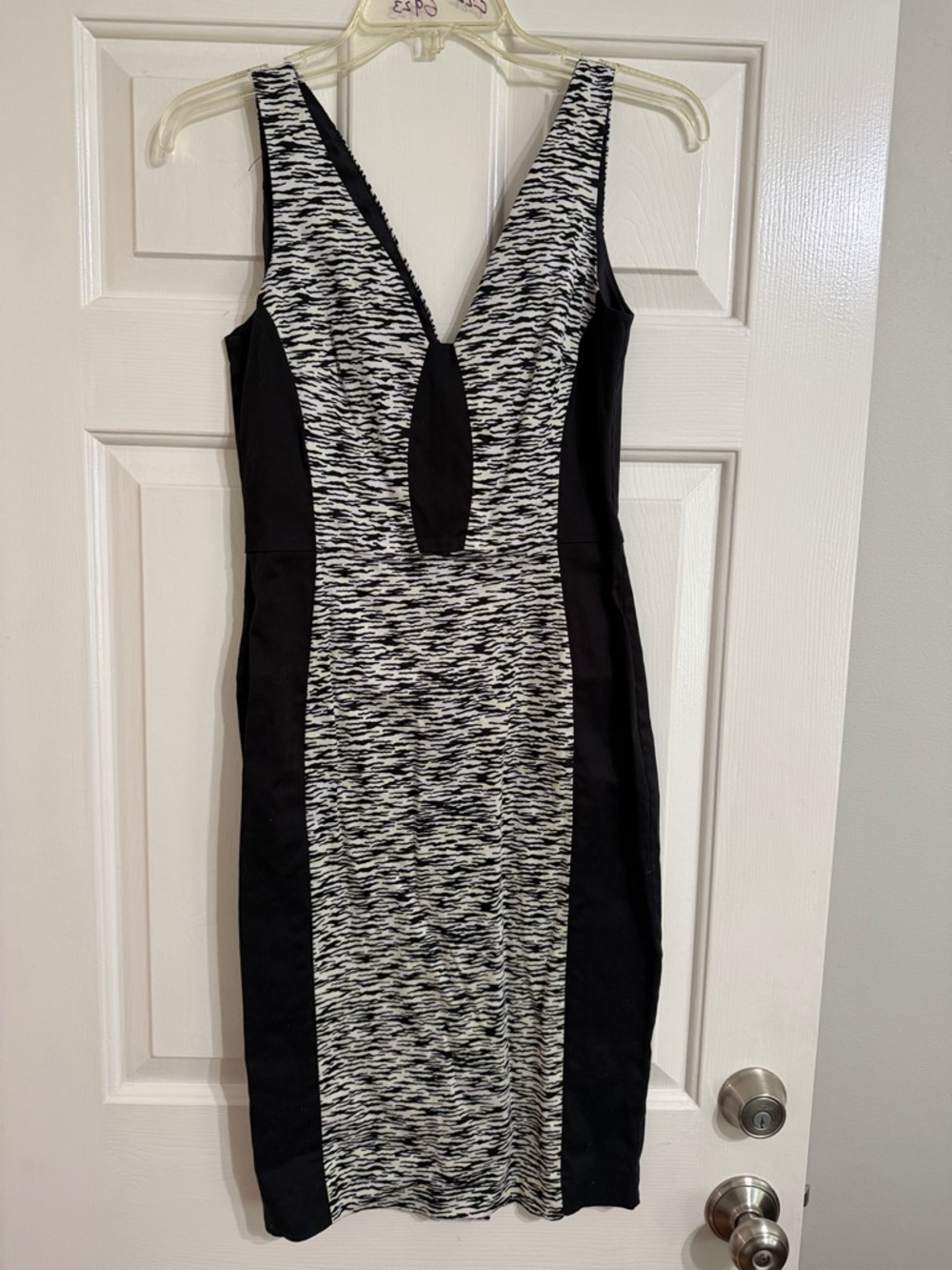 French Connection Black and White V-Neck Panel Midi Dress